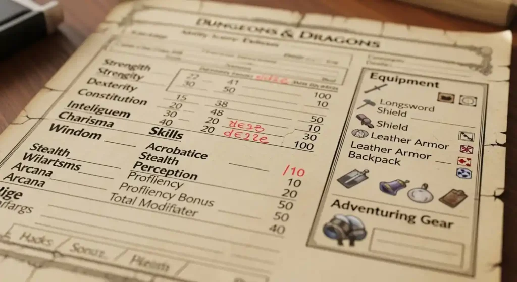 Close-up of D&D character sheet with ability scores, skills, and equipment details