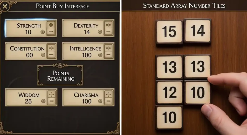 Comparison of point buy interface and standard array number tiles