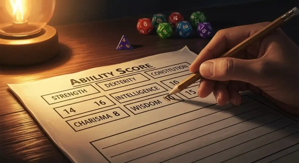D&D character sheet ability score section with pencil and dice, deciding how to assign stats
