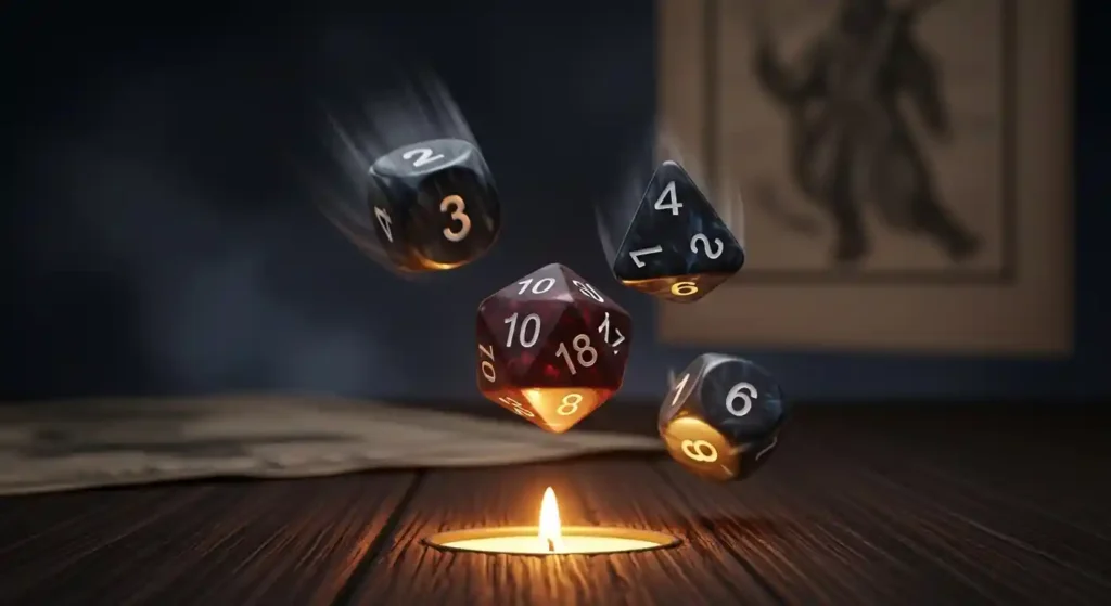 D&D dice rolling in the air showing a high roll for stat generation