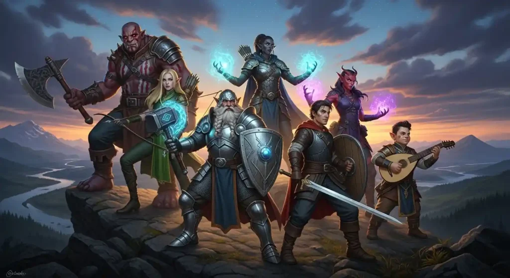 Diverse party of D&D characters representing different races and classes