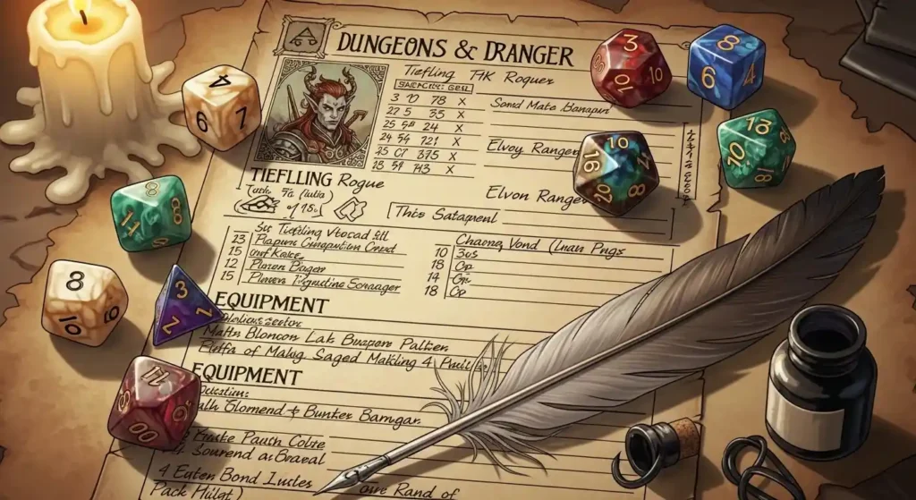 Illustrated D&D character sheet with dice and quill on parchment background