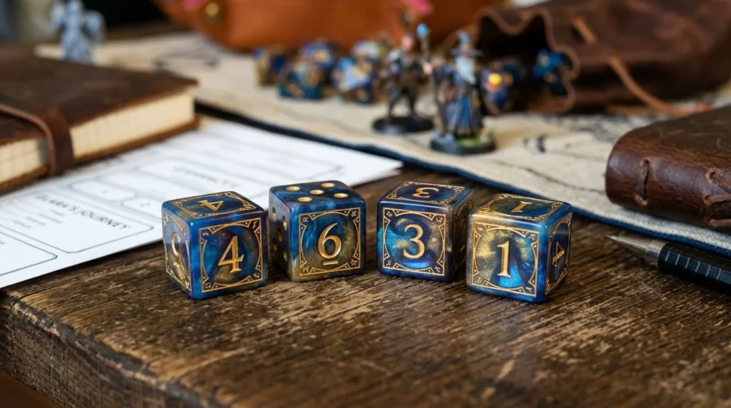 D&D dice set showing four six-sided dice
