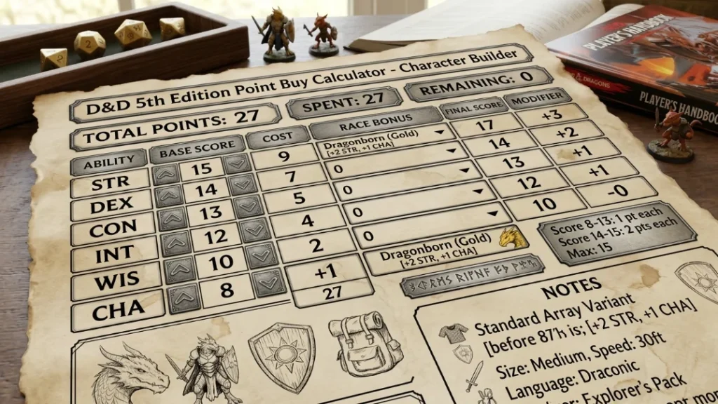 Point buy calculator interface for D&D 5e