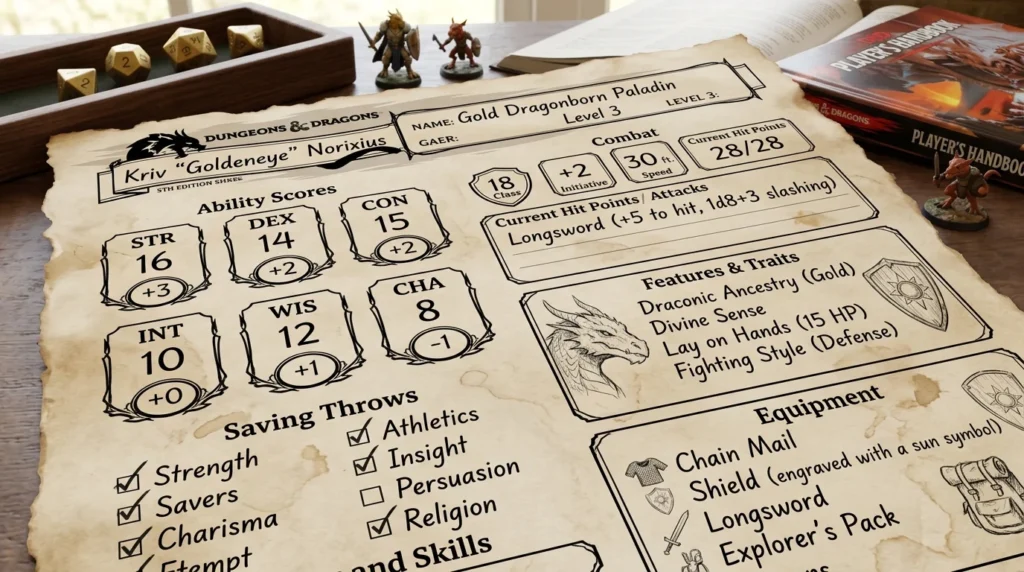 D&D character sheet with ability scores filled in